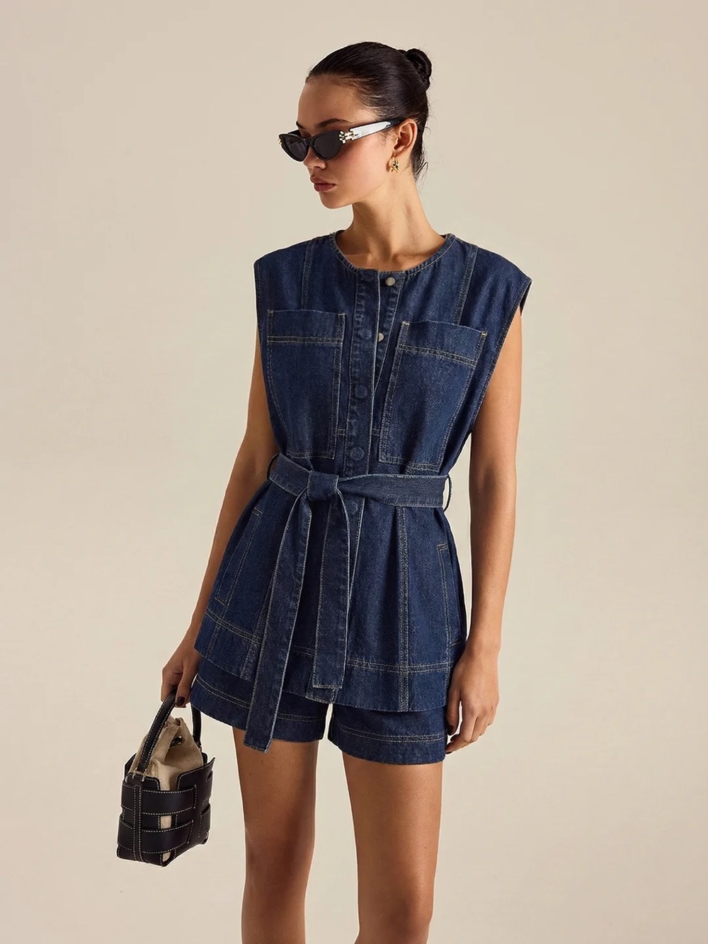 Commense Belted Denim Sleeveless Vest & Shorts Set Size XS NWT 💙💙